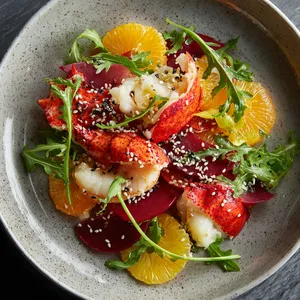 Vibrant curls of buttery lobster lay elegantly on a winter citrus salad that adds a pop of color with bright oranges, deep reds, and lush greens. A sprinkle of sesame seeds adds a final touch of contrast, making the dish a feast to the eyes.