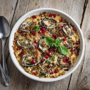 A glamorously gratinated dish with plump oysters nestling amidst a crumbly, browned feta-pomegranate topping. The gratin, served in a white, round-edged dish, is placed on a rustic wooden surface. Garnishing of fresh basil leaves and ruby red pomegranate arils trims the edges of the gratin, perfect for that Instagram snap!