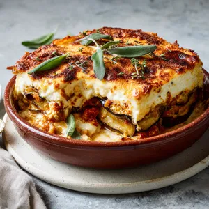 An earthenware dish with its layers visible on the side: the bottom holding slices of golden, roasted aubergine, followed by red hearty tomato sauce with sage, topped with a blanket of creamy béchamel sauce, the top is beautifully gratinated. It's garnished with sprigs of fresh sage and given a dusting of cinnamon.