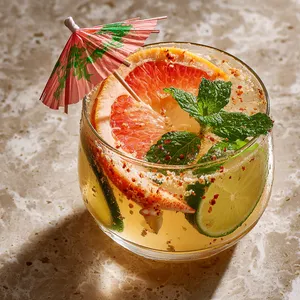 In a chic glass, a concoction of light golden liquid with a green hue garnished by a lively crab claw dangling on the side, pink grapefruit slices, a mini umbrella, and a dusting of chili salt around the rim. Mint leaves float gently on top.