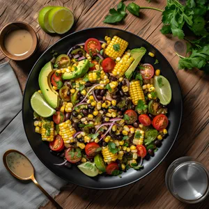 A colorful salad with layers of corn, black beans, avocado, and tomato arranged in a pattern on a white plate, topped with sliced jalapeno and a drizzle of lime dressing.