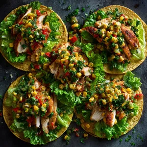 From above, it looks like an artist’s palette: soft green lettuce forming a verdant bed for the warm, toasted tortillas, filled with golden-brown chicken slices, topped by vibrant, charred corn salsa. Sprinkling of bright green, freshly chopped parsley finishes the picture.