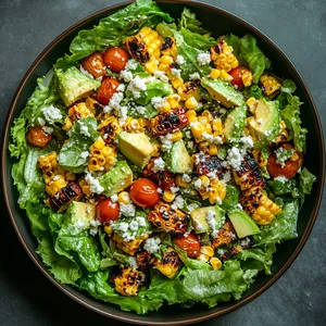 A beautiful blend of vivid green lettuce, charred corn kernels and grilled vegetables peeking out, chunks of creamy avocado, and a scattering of vibrant cherry tomatoes. The dressing lends a glossy sheen to the vegetables, with sprinkles of crumbled cheese decorating the top.