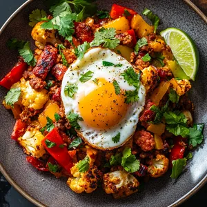A beautiful rustic plate, adorned with a golden, variegated hash of charred cauliflower florets, crispy chorizo pieces, and vivid bell pepper strips. A soft poached egg, with its molten yolk just ready to flow, crowns the heap. Fresh cilantro sprigs create contrasting green highlights, while a swirl of tangy crème fraîche adds a creamy, white spiral. Lime wedges invite a citrusy splash.