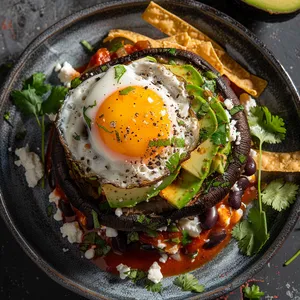 A beautiful dish featuring a grilled Portobello mushroom cap brimming with a bed of avocados, black beans, crumbled queso fresco, perched on a vibrant red ranchero sauce. An egg rests above this stack, with a runny yolk ready to flow. Fresh Cilantro leaves and fried tortilla strips add an invigorating green and crisp golden crunch to top off.