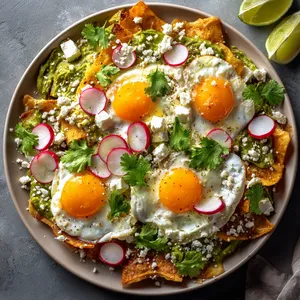 Like a vibrant Mexican mural on a plate, you'll see crispy tortilla chips nestled under a bright layer of creamy avocado-poblano sauce. The golden-brown turnip chunks are scattered on top, adorned with a sprinkle of queso fresco. Finished with a crown of sunny-side-up eggs, touches of radish slices, and cilantro leaves, it looks just as enticing as it tastes.