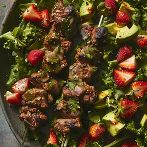 As you gaze down, you'll see four sizzling brownish-red lamb skewers scattered across a platter, each resting on a bed of vibrant mixed greens. Chunks of ripe avocado and juicy strawberries flash colourful signals amidst the greens, and a golden dressing glistening under the sun adds a tantalising touch of surprise.