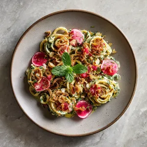A sumptuously plated dish featuring twirls of pasta speckled with vibrant green herbs, pops of crimson radish slices, and golden-fried shallots sprinkled over top. The dish is garnished with a sprig of mint sitting atop for the final touch, against a muted stoneware plate.