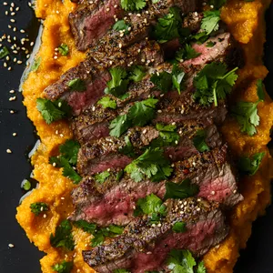 A vista of vibrant orange pumpkin purée provides the canvas for artfully arranged thin slices of succulent steak. The steak is seared to perfection, its radiant color contrasted by sprinklings of glistening green cilantro and white sesame seeds.