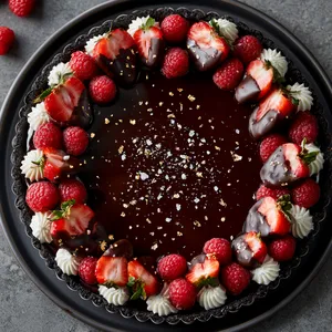 From above, a sleek round tart with a mirror-dark chocolate surface is ringed with halved chocolate-dipped strawberries and raspberries, finished with tiny gold flecks, flaky salt, and neat swirls of whipped cream for a bold black-red-white contrast.