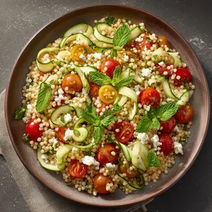 A rustic and artisanal display of khaki-colored Israeli couscous dotted with vibrant reds from the heirloom cherry tomatoes, teasing greens of mint leaves, and refreshing swirls of cucumber ribbons. A minimalistic sprinkling of crumbled feta gives a delightful contrast to this dynamic scenery.