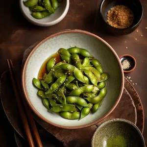 A small white bowl filled with a pile of steaming hot edamame pods, coated with glaze made of miso and butter, and a sprinkle of shichimi togarashi seasoning.
