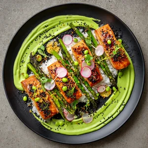 From above, the plate shows a swoosh of vivid green pea-herb creme topped with golden crisp-edged salmon fillets, diagonally arranged charred asparagus, and neat clusters of crunchy rice. Radish slices, pea shoots, black sesame, and lemon zest create a fresh, high-contrast, restaurant-style finish.