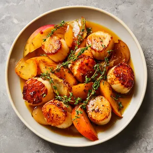 A vision of a warm, golden scallops sitting atop a vibrant mix of caramelized pears - their edges crisp and golden, the middle tender and sweet - garnished with green sprigs of fresh thyme. The dish is drizzled with a glossy, rich miso glaze.