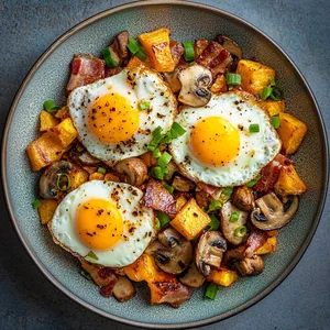 A colorful plate radiating warmth. Portions of diced golden squash intertwined with glistening miso mushrooms and pieces of crispy bacon form a bed on which rests a pair of yolky fried eggs. A scattering of chopped spring onions adds a vibrant green accent, making the dish pop.