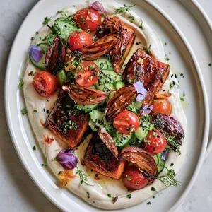 From above, two lacquered salmon fillets sit over creamy pale tahini sauce, topped with jewel-toned cherry-cucumber salad, charred onion petals, scattered green herbs, black sesame, and a few edible flowers on a wide white plate.
