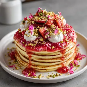 From above, a tall stack of golden pancakes sits centered on a white platter, crowned with glossy ruby strawberry-rhubarb compote cascading down the sides, dollops of whipped mascarpone, scattered crushed pistachios, thin lemon zest curls, and pink edible flower petals for a romantic spring finish.