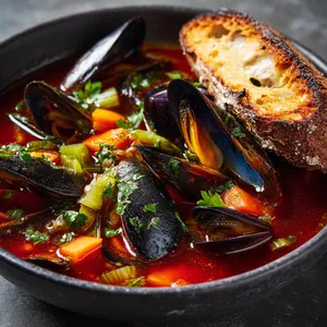 A deep, rustic red broth brimming with mussels in their shells, bobbing among chopped carrots, celery, and onions. Garnished with a sprinkle of fresh parsley and a drizzle of golden olive oil. This enticing dish is all finishing off with a crusty slice of toasted bread on the side, creating a beautiful contrast against the vibrant dish.