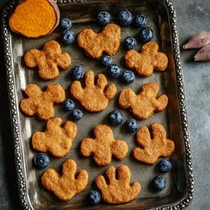 The finished biscuits should look like tiny dog paws, about a small cookie in size. They have a rich, golden-brown crust. The sweet potato dough gives them a color spectrum ranging from yellow to deep orange, while the blueberry details create a striking contrast with their deep blue-purple hues. The biscuits are arranged on a classic silver tray garnished with fresh blueberries and sweet potato slices.