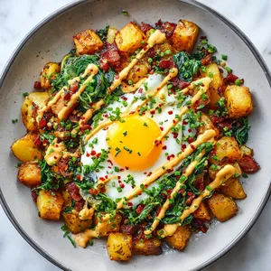 From above, you see evenly golden cubed potatoes scattered with bright green wilted spinach and hints of crispy bacon. The vibrant yolk of a perfect sunny-side-up egg rests in the center, with enticingly savory drizzles of mustard-miso sauce crisscrossing the dish. The edges of the plate showcase the contrasting garnishes - a dusting of finely chopped chives and a sprinkle of red chili flakes.