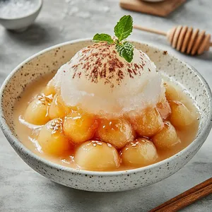 A pristine white mountain of shaved ice is riveting against the backdrop of a traditional Korean bowl. The dessert is generously studded with golden-hued caramelized new potatoes, contrasting beautifully against the pure white ice. Ribbons of honey, glistening in the light, cascade down the ice, pooling at the bottom of the bowl. A generous dusting of ground cinnamon adds an earthy touch, while sprigs of fresh mint atop the dessert add a pop of vibrant green, enhancing the overall aesthetics of the dish.