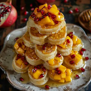 Circular mini pancakes are stacked in a pyramid, draped with melty honey-cinnamon butter, and topped with vibrant orange champagne mango compote. The dish has a radiant, bubbly brightness, sparkles with golden tones and the champagne mango compote adds a pop of color. Around the pancake stands, there are scattered pomegranate seeds signifying prosperity, a perfect visual treat to kickstart the New Year.