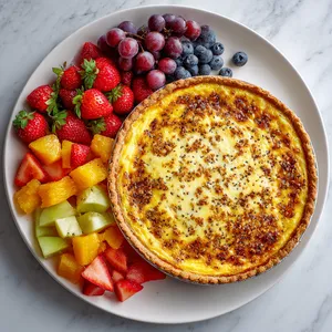 A round, golden brown quiche topped with specks of 'everything' blend, placed on a large white platter. To the side, an array of brightly colored fruits arranged in a gradient like a sunrise, giving off an impression of a fresh start.