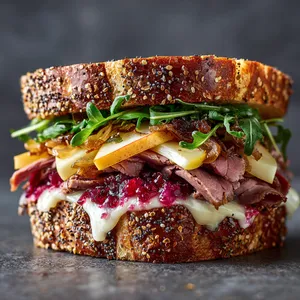 From the top view, seeds from the lightly toasted everything bagel twinkle against a backdrop of melting, creamy Swiss cheese. Vivid layers of ruby red cranberry mayo, deep golden caramelized onions, emerald green arugula, slices of crimson apple and perfectly folded pieces of earthy roast beef peek out. Each layer is clearly visible, inviting one's bite.