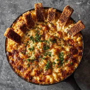 From above, a round skillet of deeply golden baked mac and cheese with bronzed bubbly patches, a crisp breadcrumb ring, and silhouette-like toasted cheese shards standing upright like a miniature Manhattan skyline, finished with tiny parsley flecks and black pepper.