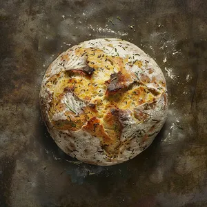 From above, you would see a golden-brown round loaf, lightly dusted with flour. The crust is textured with irregular patterns, and the scraggy top is slightly split revealing its fluffy interior. Emerald-hued oregano specks are dispersed throughout the loaf adding a sense of rustic appeal.