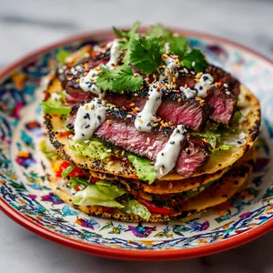 Stacked elegantly from the base upwards on a bright, patterned plate, full of color and contrast. A soft corn tortilla is layered with vibrant green lettuce and thin slices of pinkish grilled steak with charred edges. Dollops of cream-white Everything-Bagel-spiced crema and rainbow sprinkle of Everything Bagel seasoning with visible poppy seeds and sesame lend an appealing crunch. A generous drizzle of crema and scatter of fresh cilantro finish the tacos off.