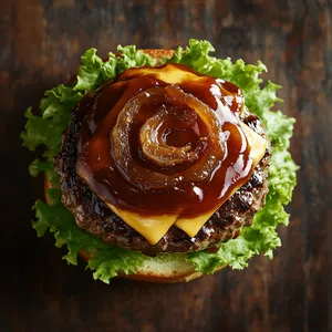 From above you see a glossy, lightly toasted brioche bun gleaming with the oozing bourbon BBQ sauce. The medium-rare, seared beef patty topped with melted aged cheddar stands in stark contrast to the crisp green lettuce. The caramelized onion adds a delicate golden crown, leaving a trail of appetizing aroma.
