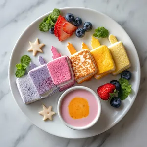 From above, a white platter shows rainbow rectangular mini pancakes arranged like the New York City skyline, with a bright pink-orange yogurt dip in a small bowl like a rising sun, scattered blueberries and strawberry stars, and mint leaves for pops of green.