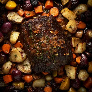 Golden-browned roast sits amidst an autumnal tapestry of hearty vegetables. Variations of orange, yellow, and purple skin of the root vegetables pop against the dark undertones of the pot roast, while sprigs of fresh herbs add visual lift and lend a sense of rustic charm.