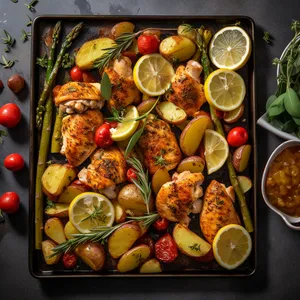 A colorful and vibrant sheet pan with golden roasted potatoes, bright green asparagus, and juicy chicken coated in a lemon and rosemary sauce.