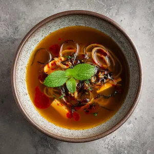 An aesthetic, rustic bowl holds the warm soup, steam lazily spiraling upwards. The soup itself is a beautiful, murky caramel color, full of thin rings of onion peeking through, chunks of tofu and strands of seaweed. It is topped with a drizzle of vibrant red Rayu oil that creates beautiful, contrasting droplets on the surface. A fresh sprig of mint garnishes the dish for a pop of green color.