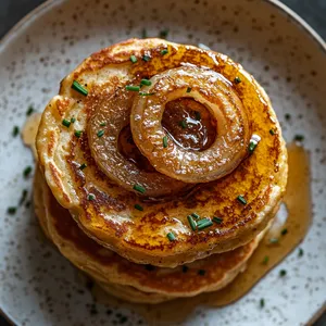 A golden-brown pancake stack, glittering with melted honey-butter center and topped with a lightly charred onion ring garnish. Sprinkle of chives for a dash of green.