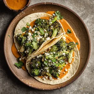 At first glance, your eye is drawn to the vibrant green of charred broccoli florets nestled in a warm, soft corn tortilla. The broccoli is contrasted by a deep-orange, smoky chipotle sauce, dotted with toasted garlic chips. Melting queso fresco adorns the top, adding a creamy white accent. All of this is scattered on a rustic, earthen-toned plate.