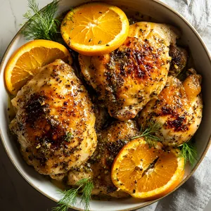 From above, you can see a serving of golden-brown chicken, glistening with juices and framed by a halo of blush-orange slices and bright, verdant herbs. The flecks of black pepper and fennel seeds bring a beautiful contrast to the dish.