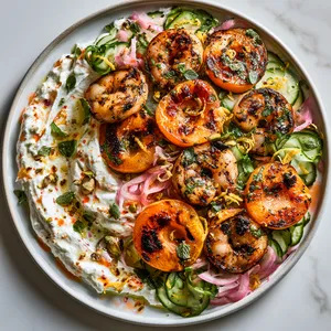 From above, a swoosh of whipped feta fills one side of a shallow platter, topped with bronzed grilled shrimp and caramelized apricot halves. Scattered cucumber ribbons, pink onion slivers, oregano leaves, pistachios, and lemon zest create a vivid palette of cream, coral, green, and gold.