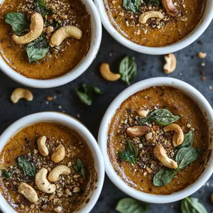 From the top, you should see a rich dark-brown custard served in four individual ramekins. Each ramekin is topped with golden crunchy cashews and a dusting of vibrant green, finely chopped fresh oregano leaves.