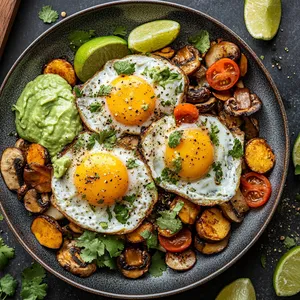 From above, it's an inviting mix of vibrant colors. The rich golden hue of the fried eggs sits atop the crispy, charred mushrooms as their vibrant green avocado crema skirts around. The scene is speckled with dashes of radiant red from the tomato-cajeta sauce, and sprinkles of fresh green cilantro. The plate is surrounded by half-cut, grilled limes, waiting to be squeezed over the sizzling platter.
