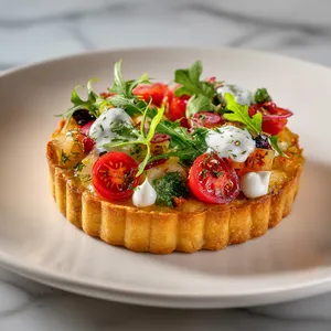 A golden-brown tart presented on a white plate, showing a tantalizing array of beautifully arranged, thinly sliced Palmito and various other toppings. Bright colors of red cherry tomatoes, green foliage of the arugula, along with dollops of creamy, white sauce make for a vibrant and Instagram-worthy image.