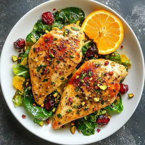 A white plate artistically adorned with two perfectly seared chicken breasts emanating a glossy, caramel hue. A vibrant medley of lightly wilted escarole peppers the plate, touched with spots of blushing oranges and ruby red cranberries. The citrus slices lend a bright, appealing contrast while the final sprinkle of crushed pistachios adds an earthy touch.