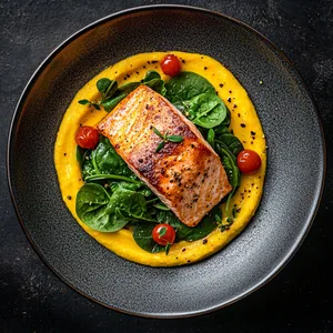 An artistically plated dish with a pink medium-rare salmon at the center, flanked by wilted green spinach and a swirl of sunny yellow corn puree. A sprinkling of vibrant red cherry tomatoes provides a pop of color.