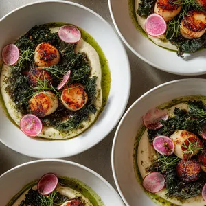From above, broad white bowls hold a swoosh of pale white bean smash topped with deeply caramelized scallops, curls of crisp dark-green kale, glossy green herb oil, pink radish slices, and charred lemon halves for a vibrant, modern look.