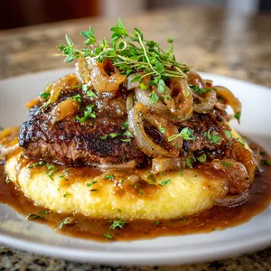 A stunning platter with a golden-brown pan-seared steak resting atop a creamy, sun-kissed polenta cake. The steak is lavishly draped in caramel-hued apple onion gravy, studded with sweet, translucent slices of onion. It's garnished with vibrant sprigs of fresh herbs.