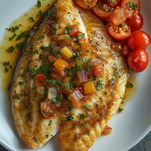A generously portioned tilapia fillet occupies the center of the plate, seared to a golden-brown perfection. The fish glisten with juiciness, flaky and tender. Nestled on one side is the luscious onion relish, its caramel hues echoing the golden fillet, with vibrant cherry tomato halves dotting the scene. A sprinkling of chopped fresh herbs over everything adds a fresh pop of green.