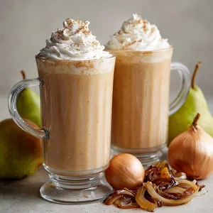 A honey-colored swirl of liquid in two tall, clear glass mugs. The smoothie has a light, creamy consistency, topped with a dollop of slightly whipped cream that's lightly dusted with cinnamon. Flanking the mugs are a scattering of fresh pears and caramelized onions, a beautiful representation of its unique ingredients.