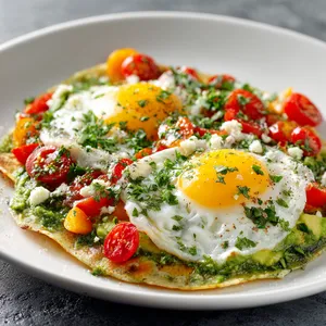 A vibrant dish of red, green, yellow and white elements. Two sunny-side-up eggs rest on a bed of salsa-verde infused tortillas, with elements of creamy avocado and red cherry tomatoes scattered around. An abundant garnish of fresh chopped parsley it's sprinkled on top.